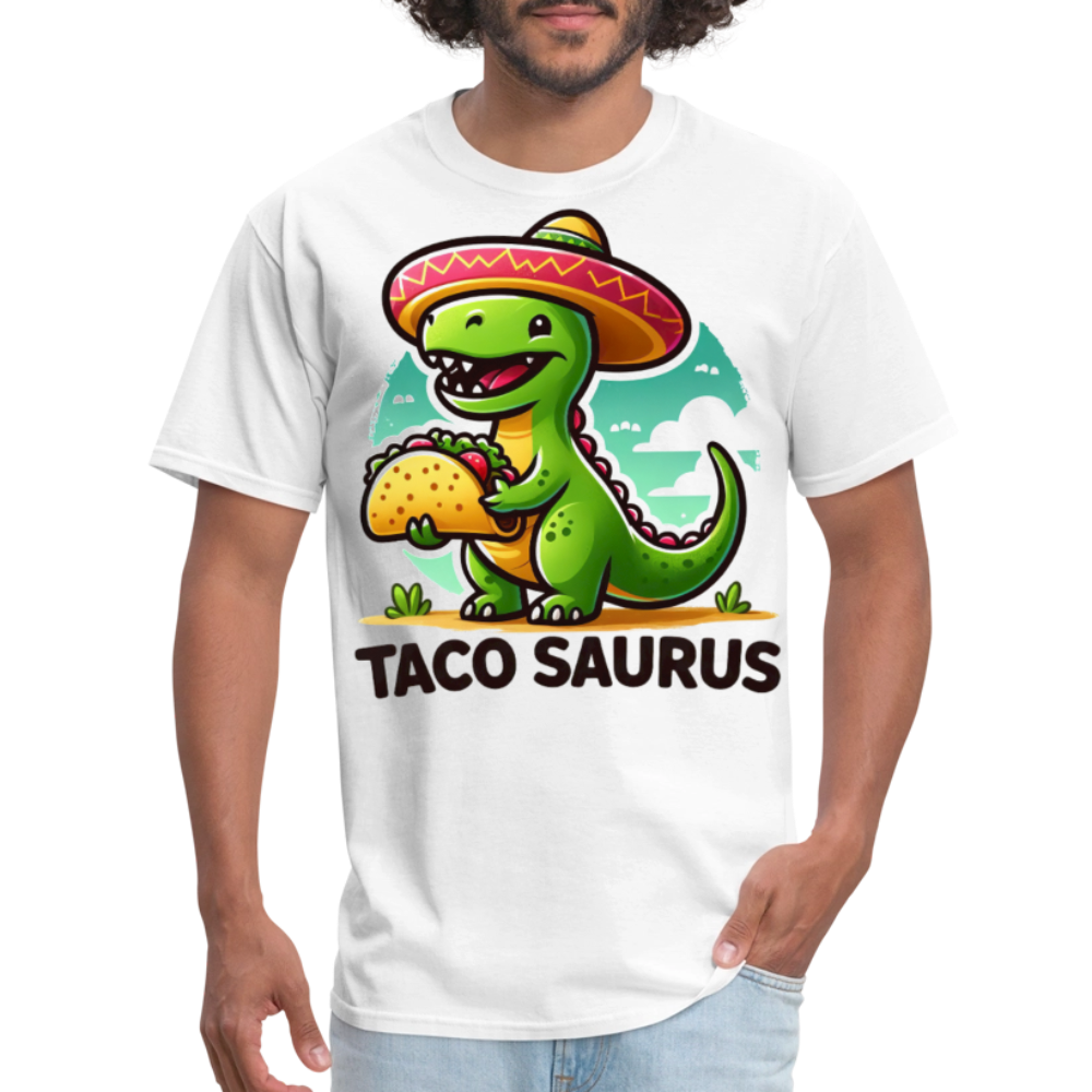 Cute Dino Holding A Taco Graphic Tee Funny Dinosaur Taco T-shirt - white