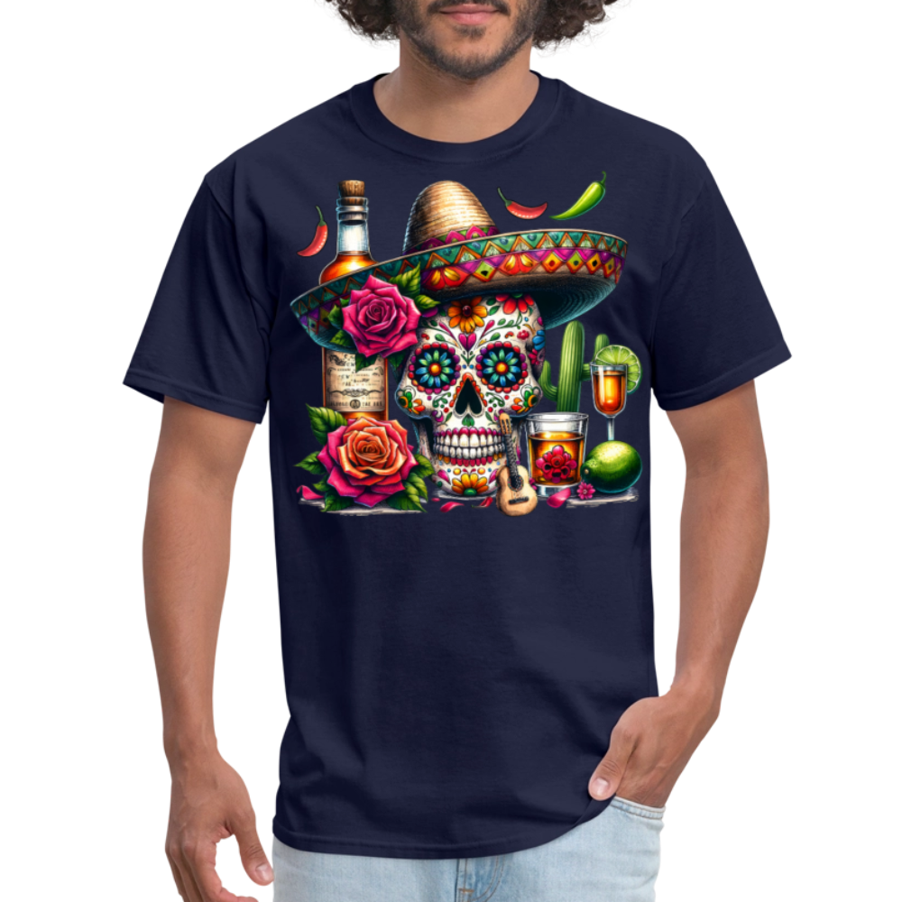 Colorful Mexican Skull Shirt Day Of The Dead Sugar Skull T-shirt - navy