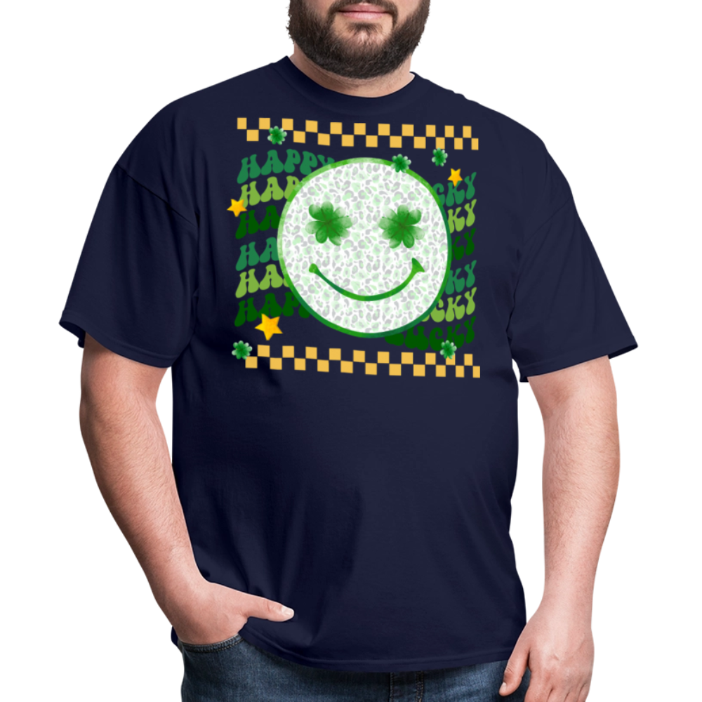 Lucky Shamrock Graphic Tee St Patrick’s Day Smiley Face T-shirt - navy