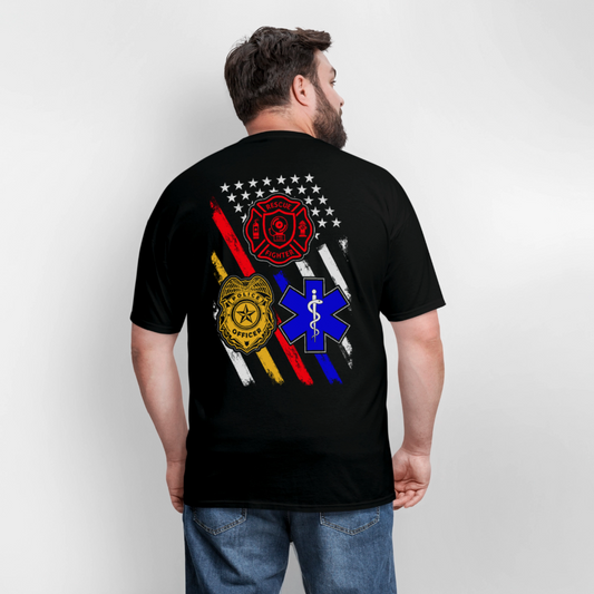 Police Firefighter EMS Support First Responders Flag T-Shirt - black