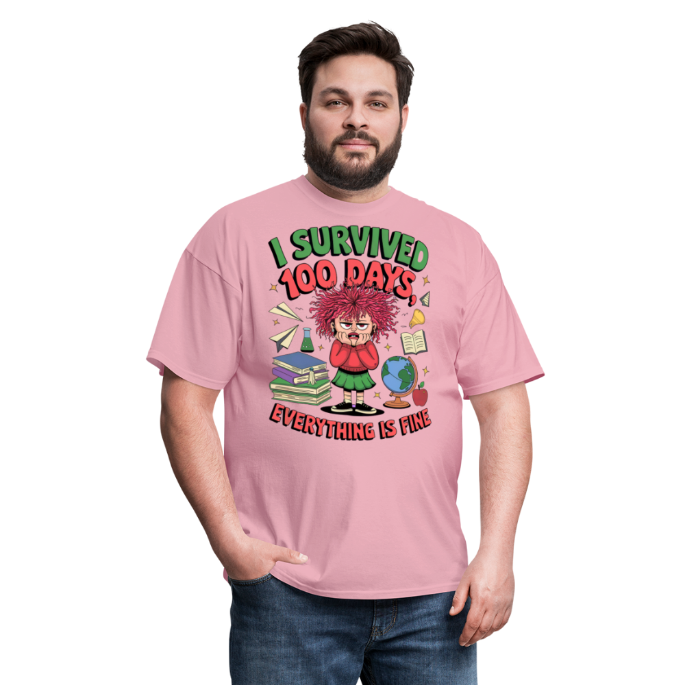 I Survived 100 Days Everything is Fine Tee Funny School Anniversary T-Shirt - pink