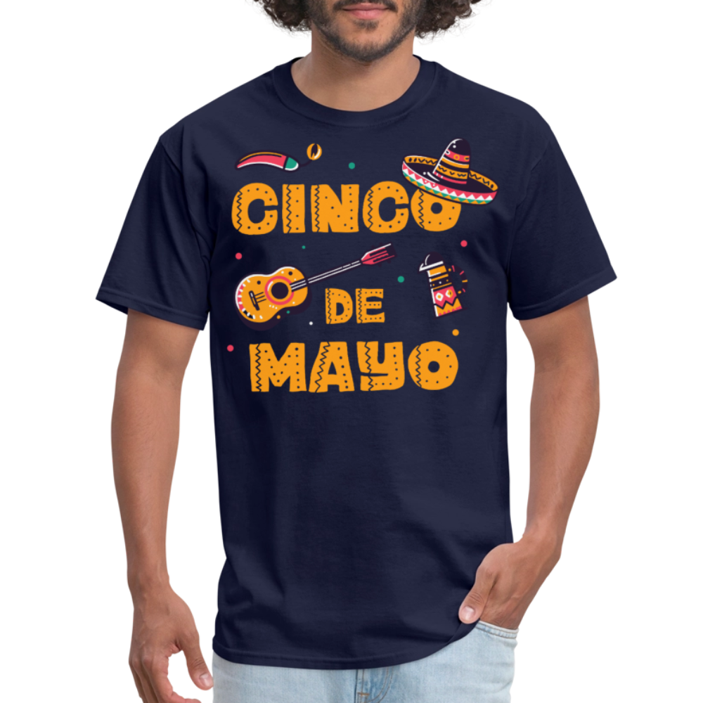 Mexican Fiesta Tee With Guitar And Sombrero Funny Cinco de Mayo T-shirt - navy