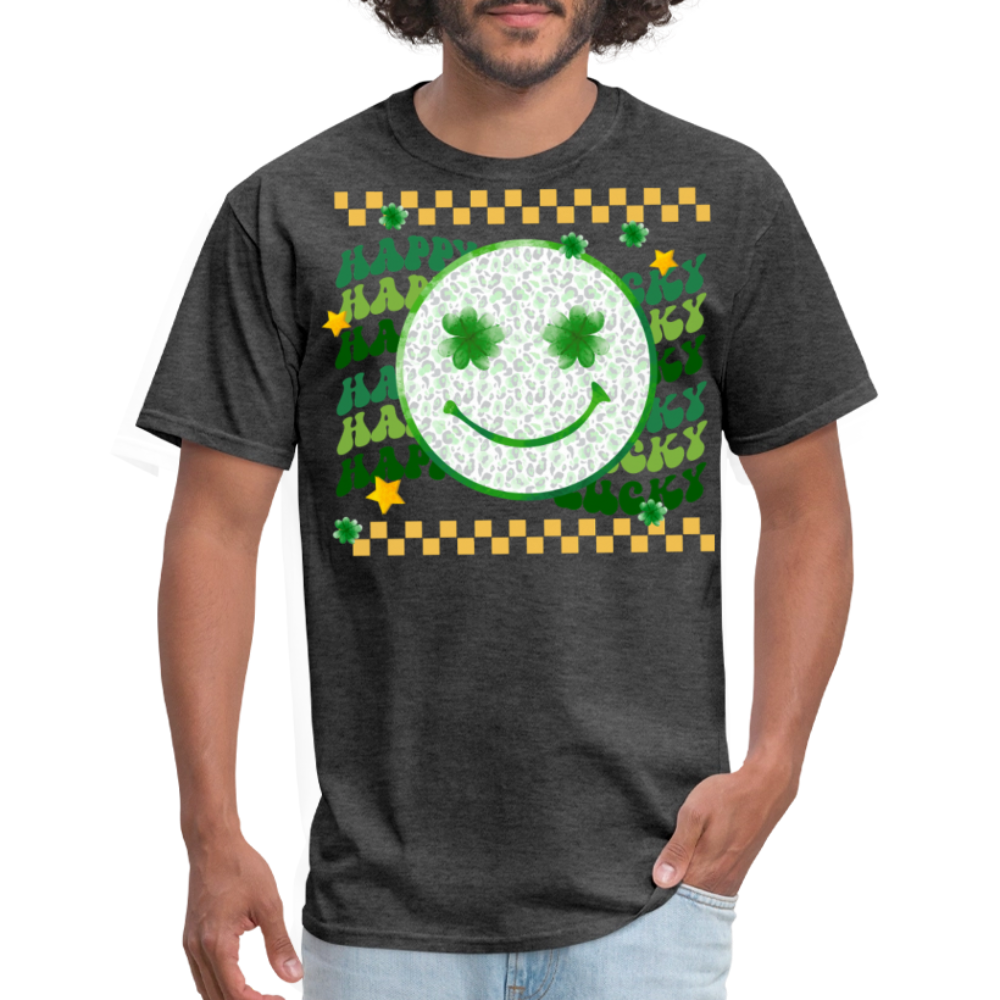 Lucky Shamrock Graphic Tee St Patrick’s Day Smiley Face T-shirt - heather black