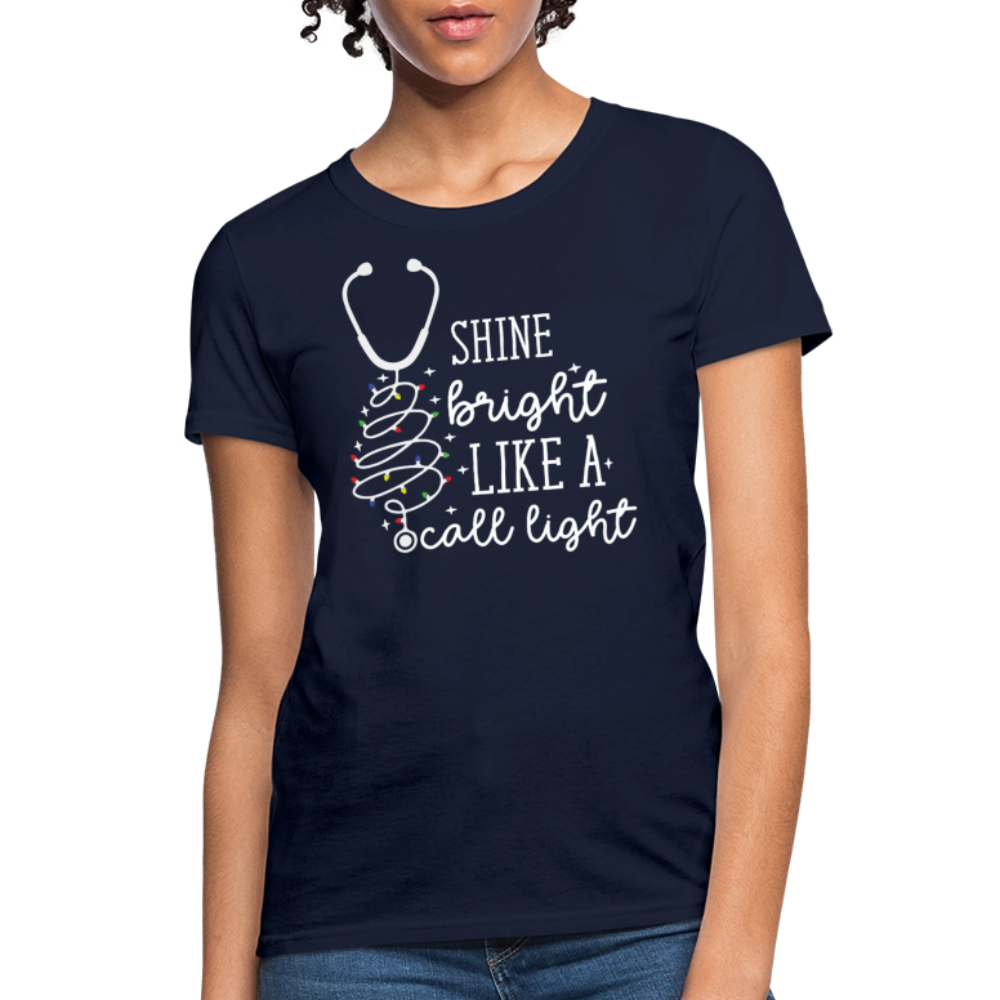 Shine Bright Like A Call Light Nurse Humor Christmas T-Shirt - navy