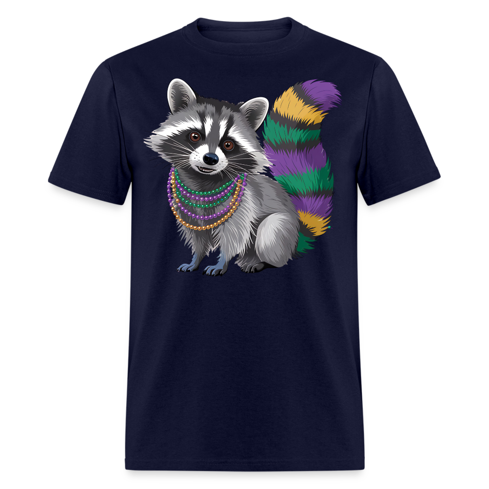 Cute Raccoon Mardi Gras Outfit With Beads Colorful Mardi Gras T-shirt - navy