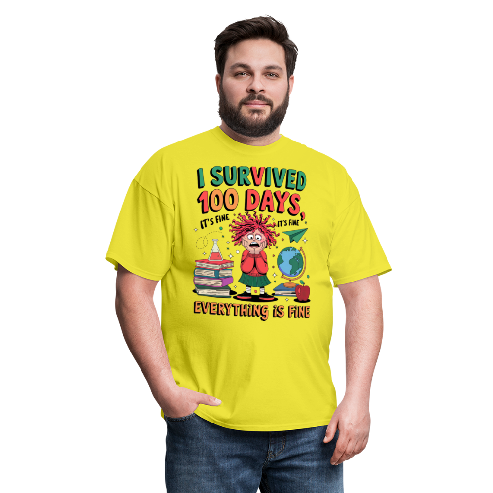 I Survived 100 Days of School Shirt - Funny Teacher and Student Celebration Unisex T-Shirt - yellow