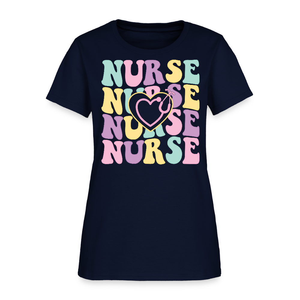 Groovy Retro Heart Stethoscope Nurse T-Shirt - navy