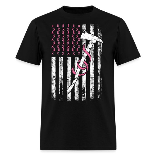 Firefighter Axe Pink Ribbon American Flag T-Shirt - black