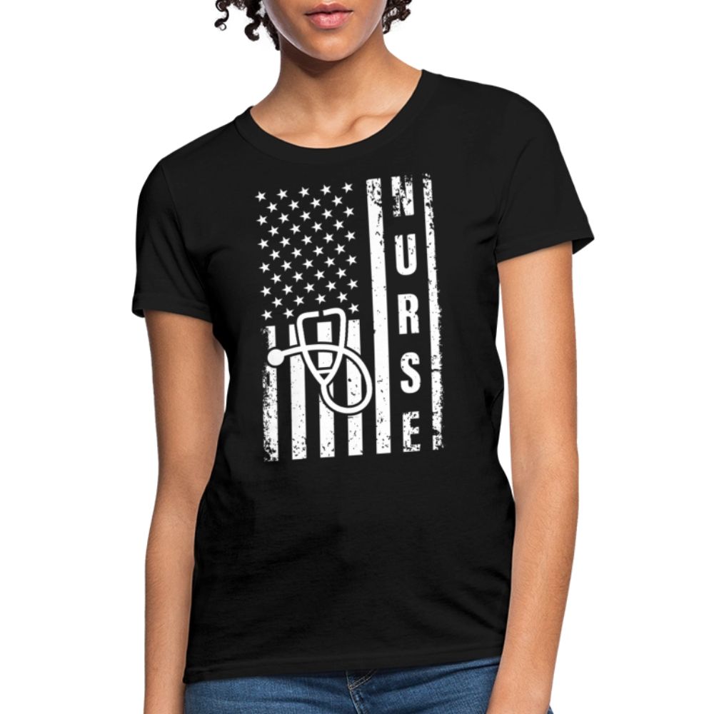 Distressed American Flag Nurse T-Shirt - black