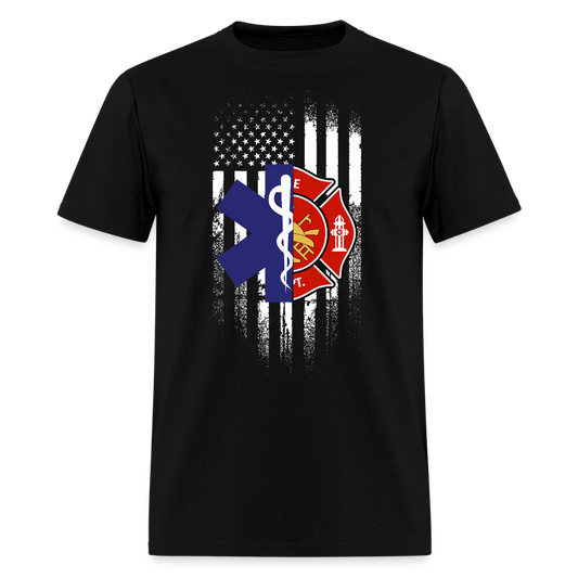 Patriotic Firefighter EMS American Flag T-Shirt - black