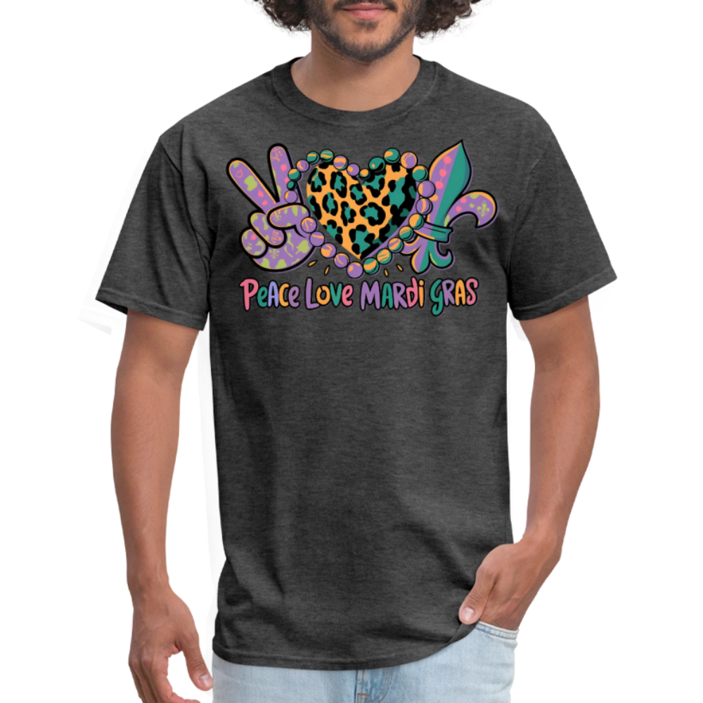 Peace Love Mardi Gras Graphic Tee Colorful Festival T-shirt - heather black