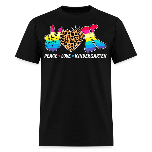 Peace Love Kindergarten Leopard Print Teacher T-Shirt - black