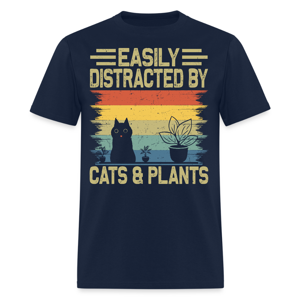 Easily Distracted by Cats & Plants Funny Gardening T-shirt - navy