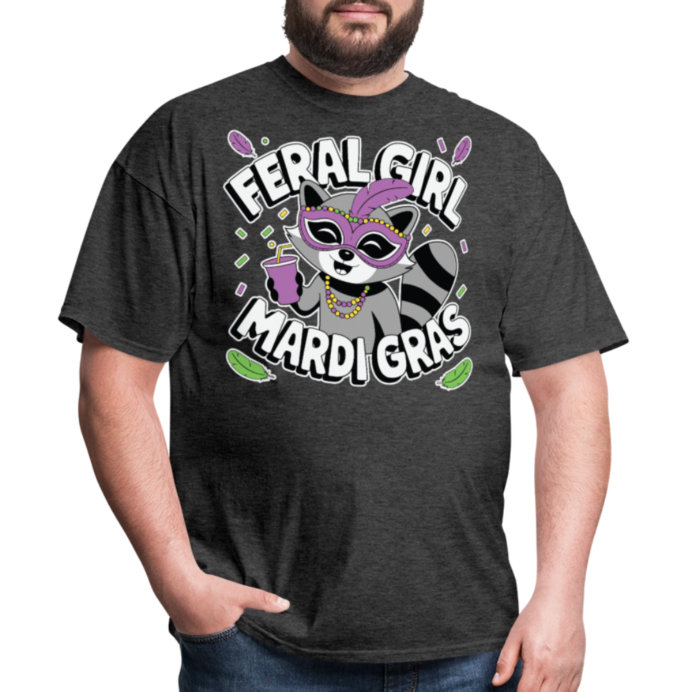 Feral Girl Mardi Gras Party Tee Raccoon Meme T-shirt - heather black