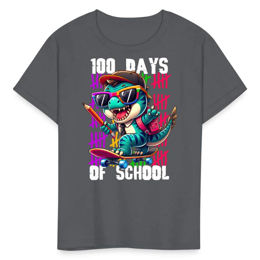 Dinosaur 100th day of school Tee Skater Dinosaur Kids School T-shirt - charcoal