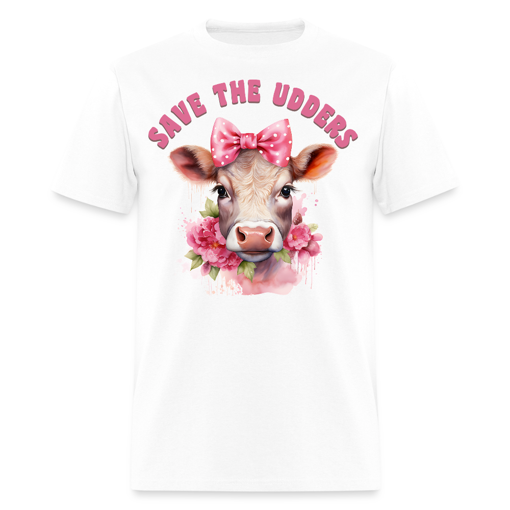 Save The Udders Floral Cow Pink Bow T-Shirt - white