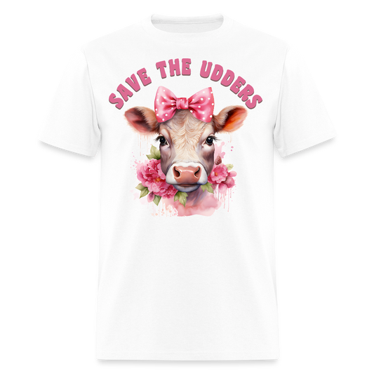 Save The Udders Floral Cow Pink Bow T-Shirt - white