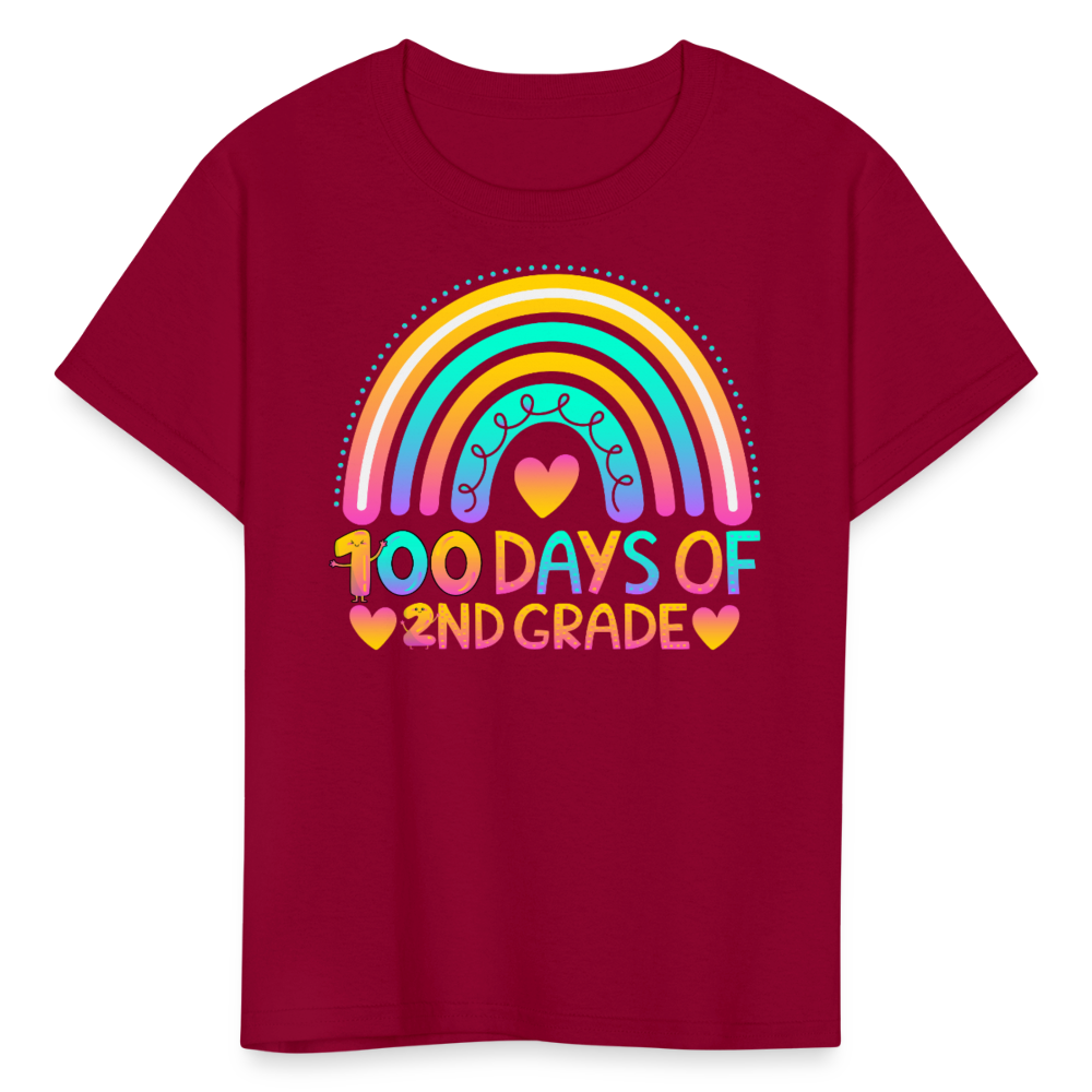 Rainbow & Heart Design for School Celebrations 100 Days of 2nd Grade Kid T-Shirt - dark red