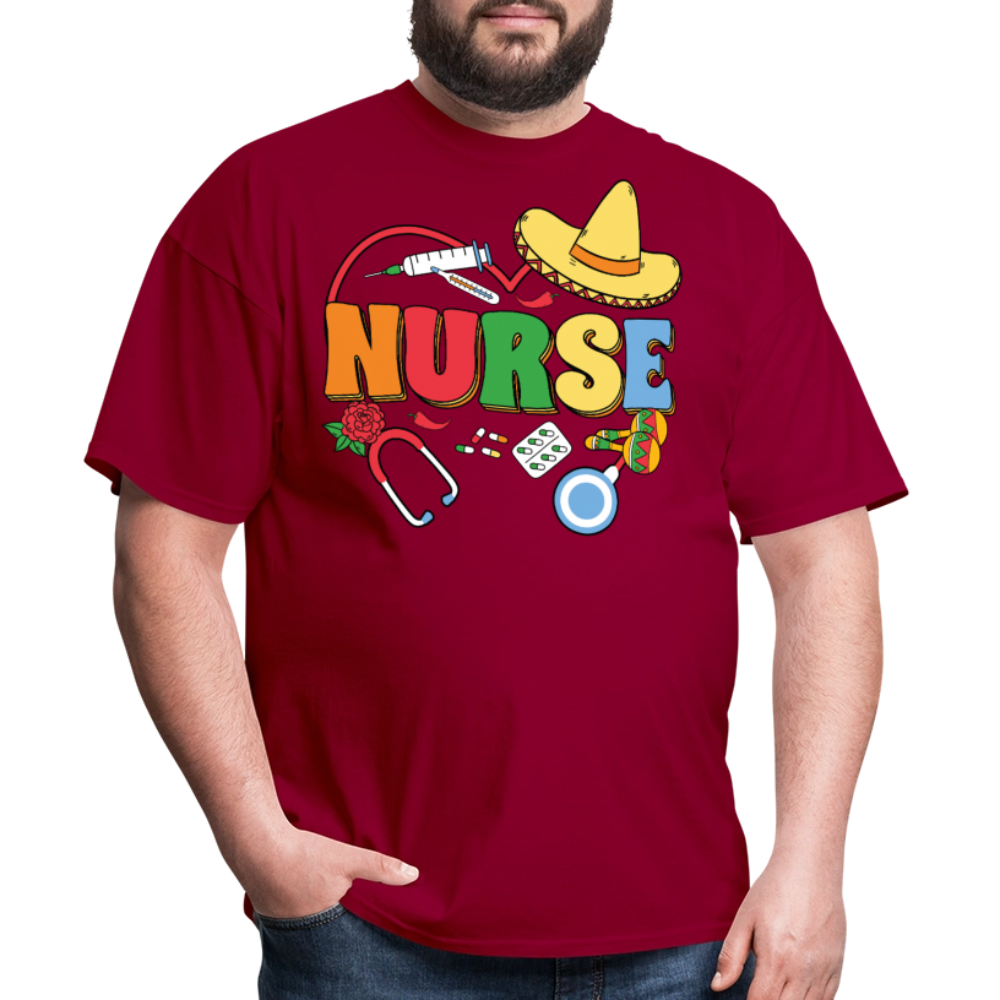 Nurse Shirt with Stethoscope and Maracas Cinco de Mayo Nurse T-shirt - dark red