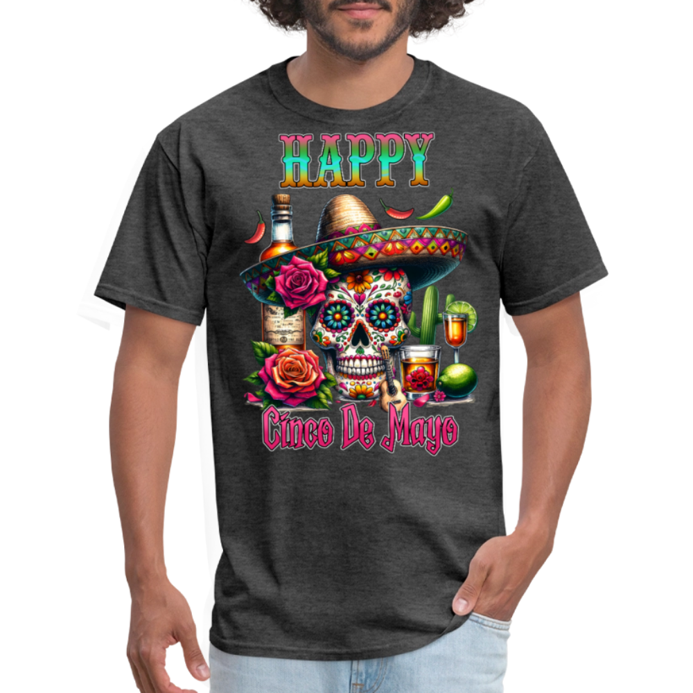 Mexican Fiesta Outfit With Skull And Roses Cinco de Mayo Skull T-shirt - heather black