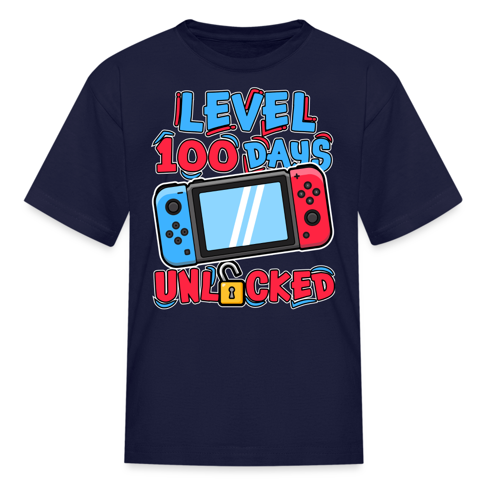 100 Days Unlocked Video Game Tee Gaming Milestone Kids T-shirt - navy