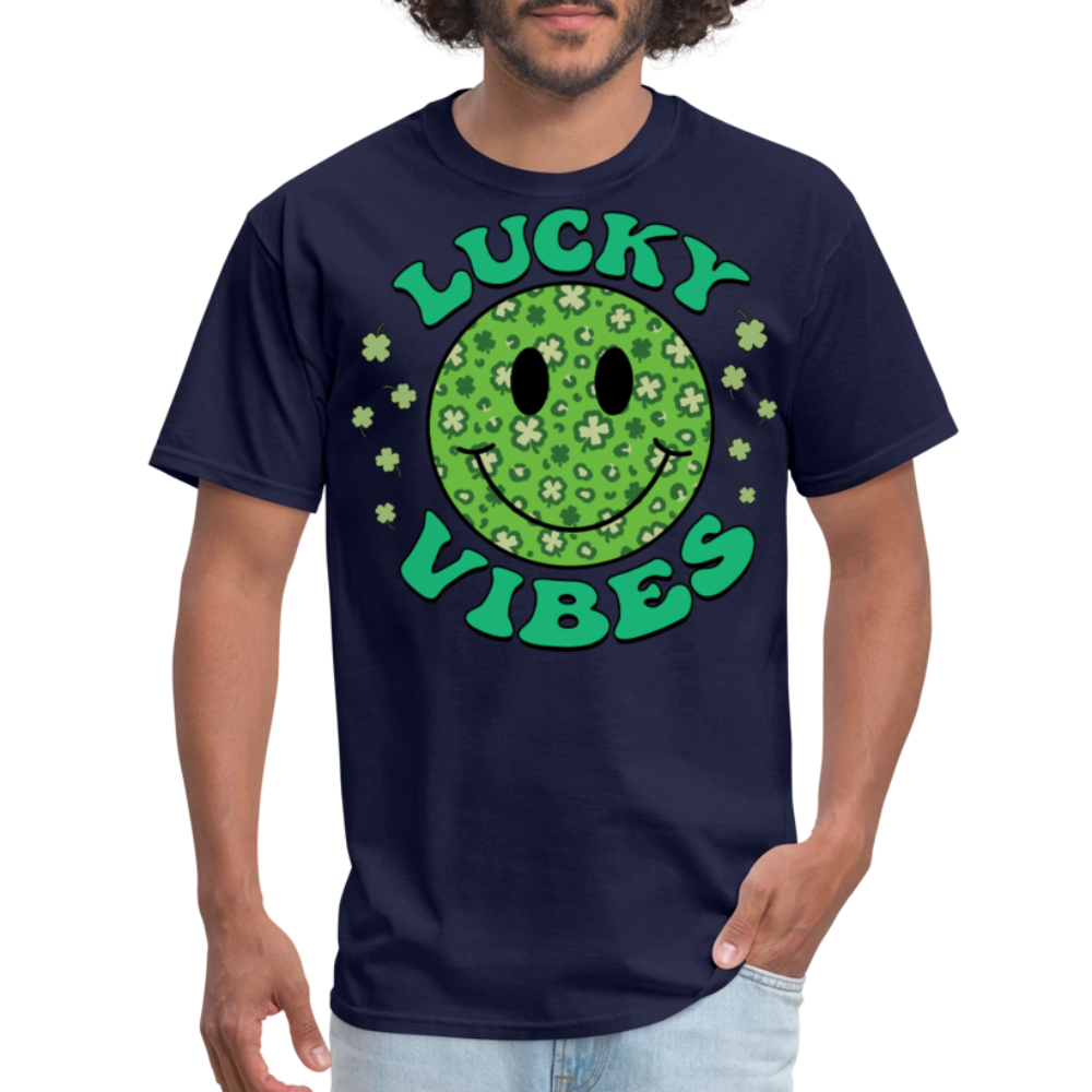 Smiley Face Shamrock Lucky Vibes St Patrick’s Day T-shirt - navy