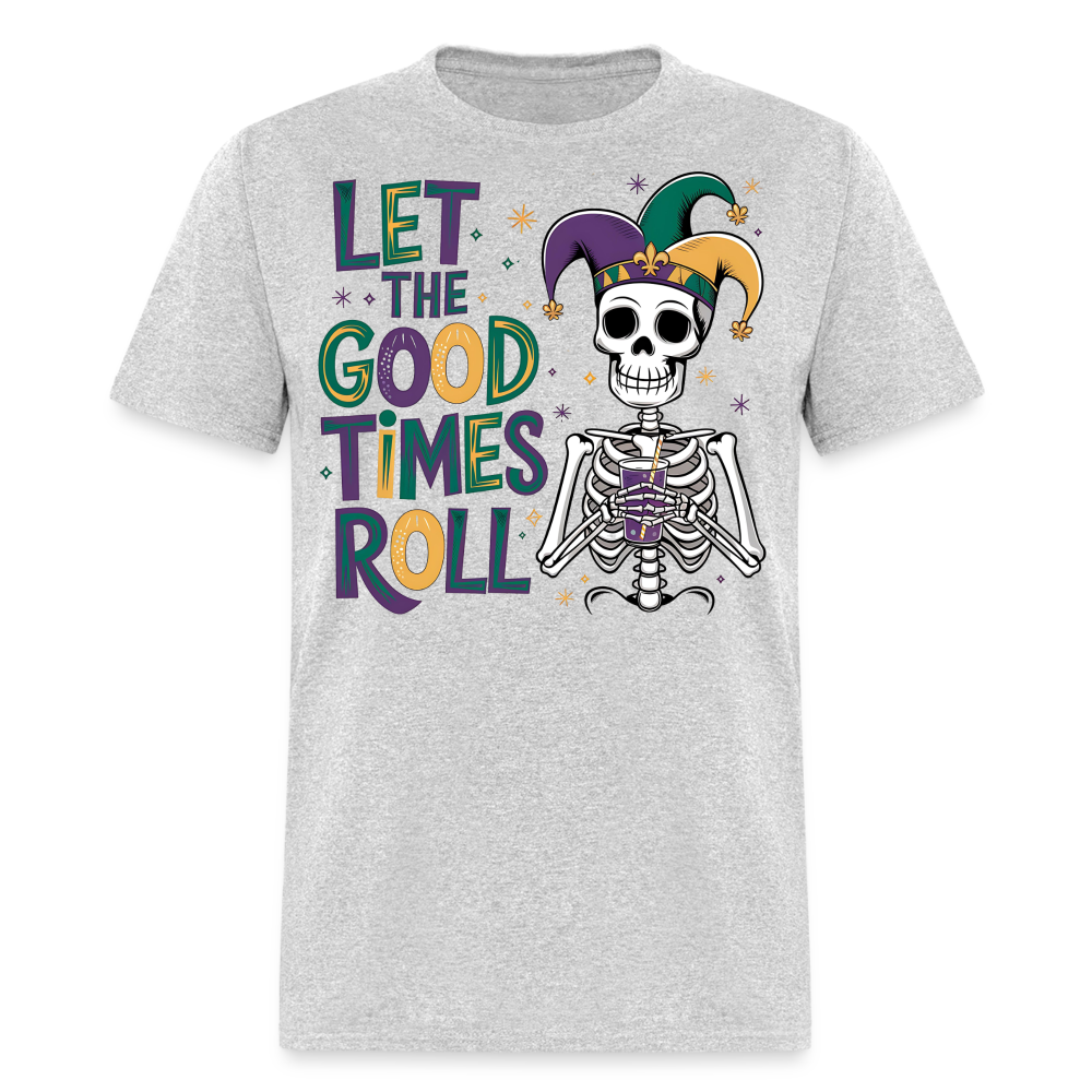 Let the Good Times Roll Mardi Gras Tee Funny Skeleton Jester Hat T-shirt - heather gray