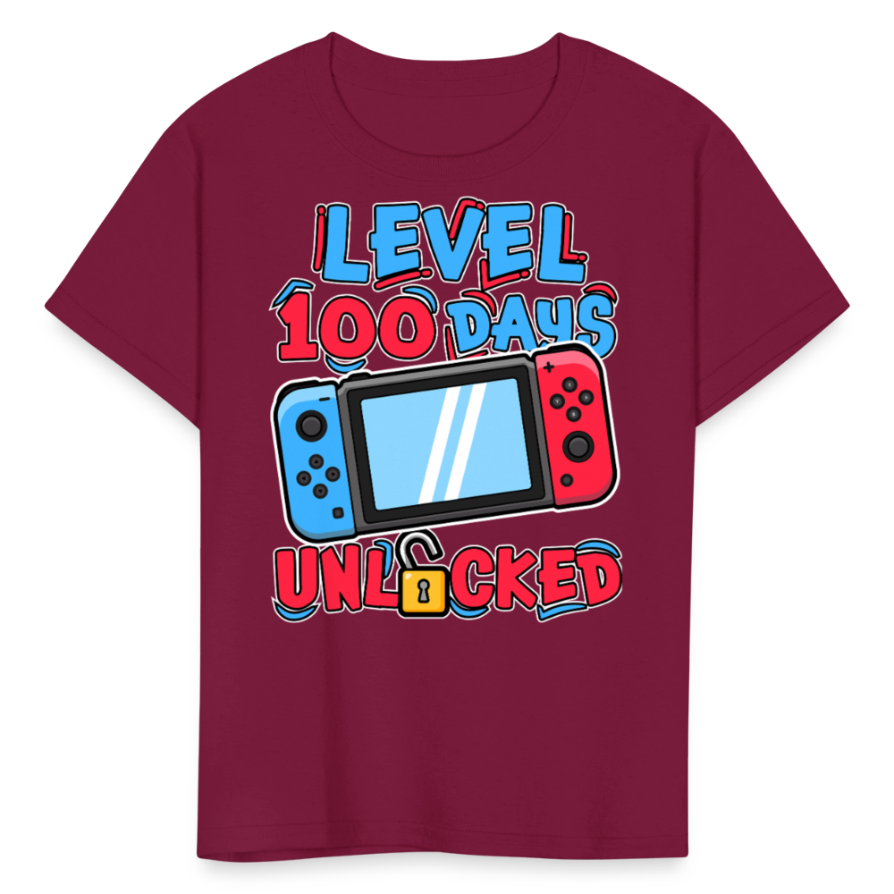 100 Days Unlocked Video Game Tee Gaming Milestone Kids T-shirt - burgundy