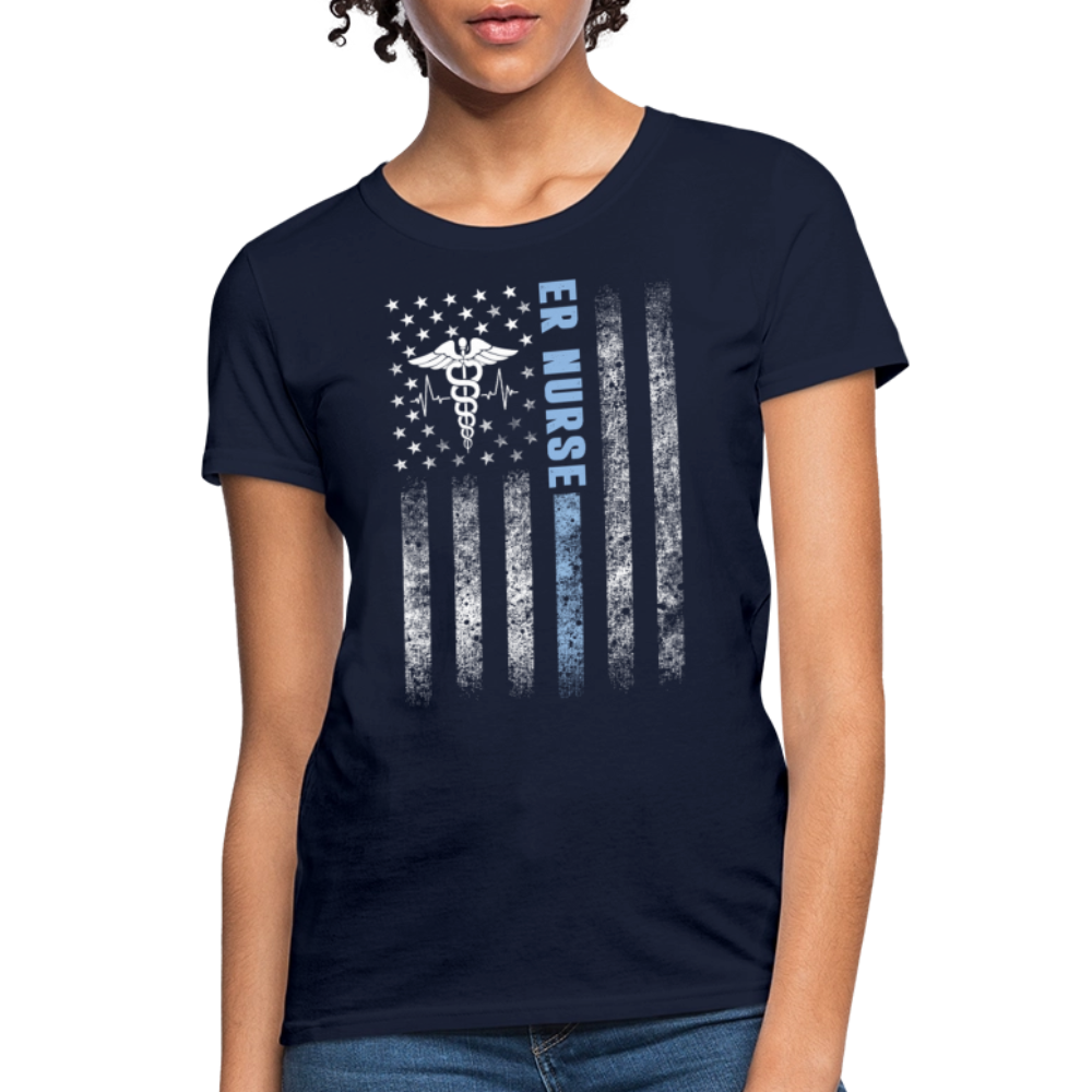 Blue Line ER Nurse American Flag T-Shirt - navy