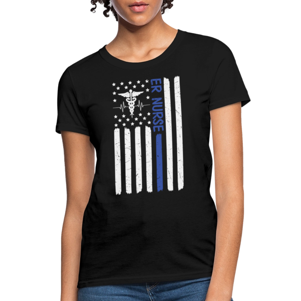 ER Nurse Blue Line Medical American Flag T-Shirt - black