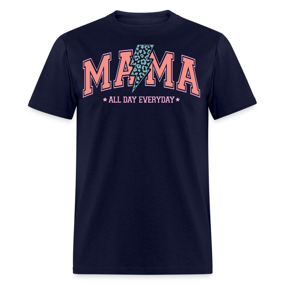 Leopard Print Lightning Bolt Mama All Day Everyday Mom T-shirt - navy