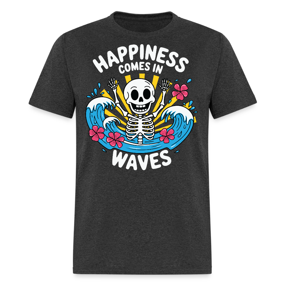 Happiness Comes In Waves Tropical Skeleton Summer T-shirt - heather black