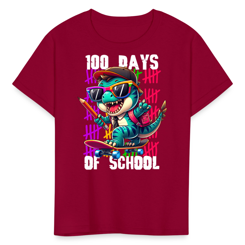 Dinosaur 100th day of school Tee Skater Dinosaur Kids School T-shirt - dark red