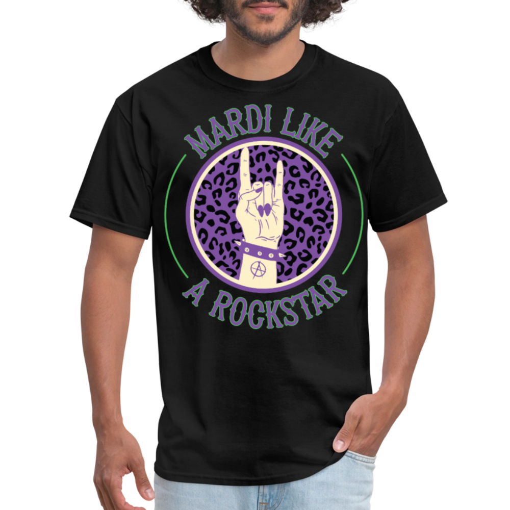 Leopard Print Rock Hand Gesture Tee Mardi Gras Rockstar T-shirt - black