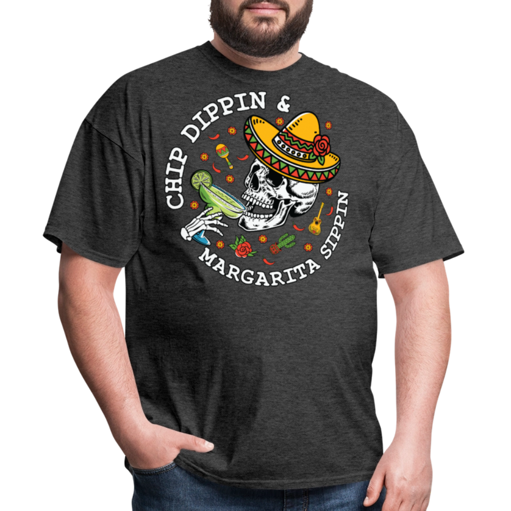 Cinco de Mayo Skull Drinking Tee Chip Dipping And Margarita Sipping T-shirt - heather black