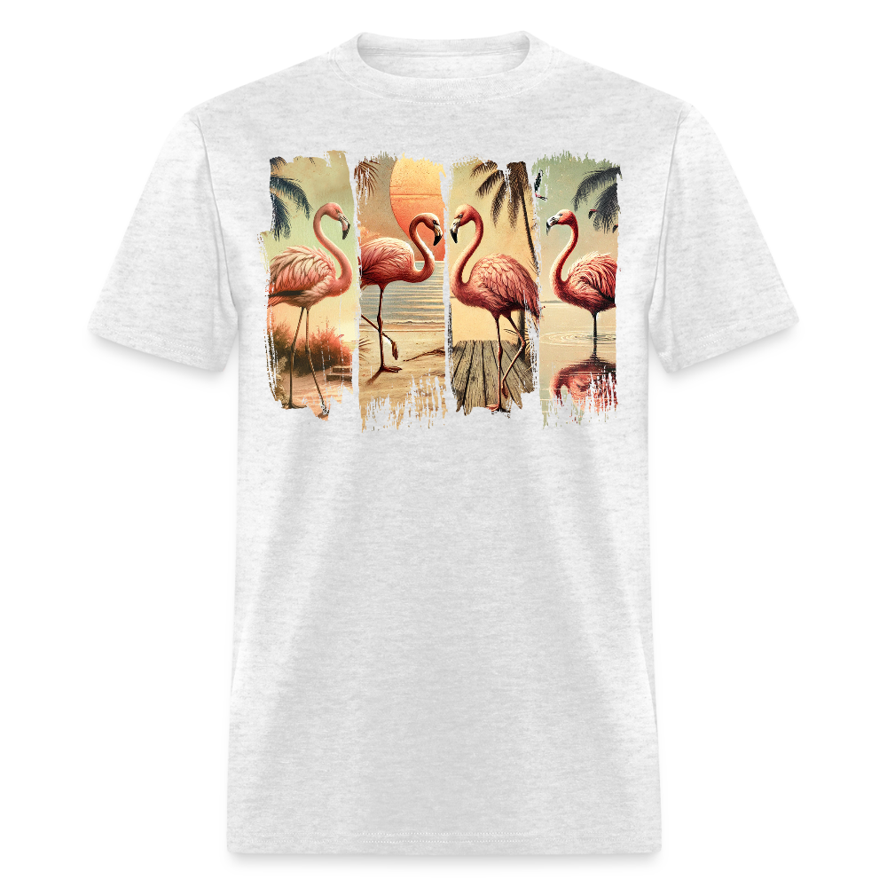 Vintage Tropical Flamingo Sunset Beach T-shirt - light heather gray
