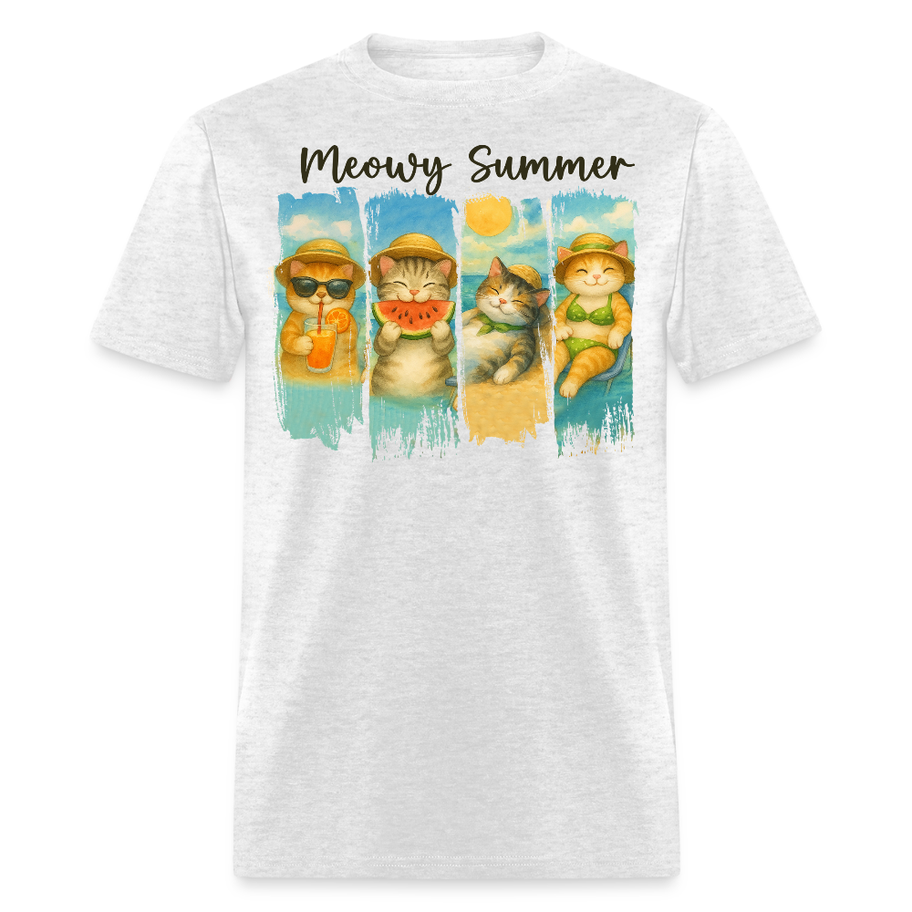 Meowy Summer Vacation Cat T-shirt - light heather gray
