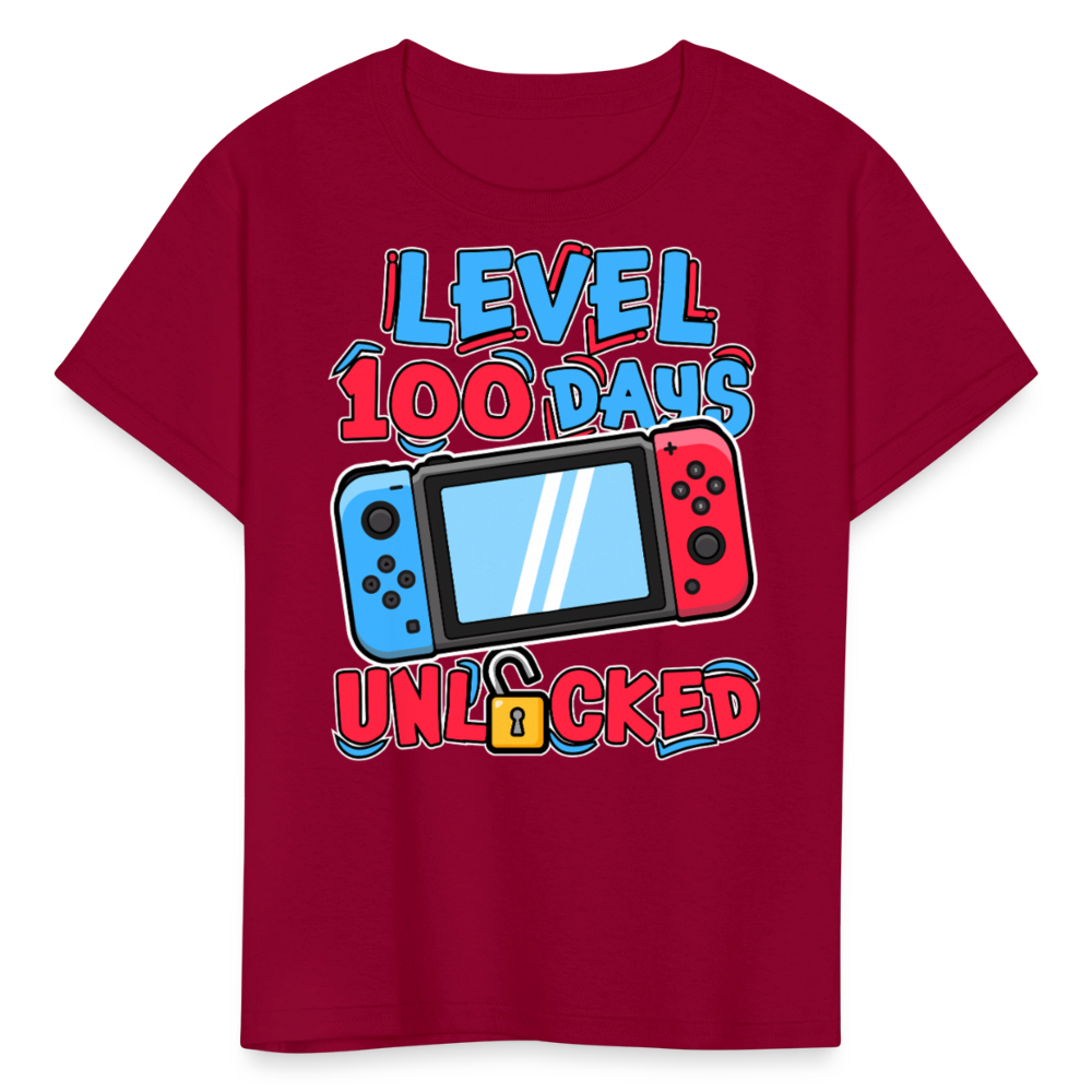 100 Days Unlocked Video Game Tee Gaming Milestone Kids T-shirt - dark red