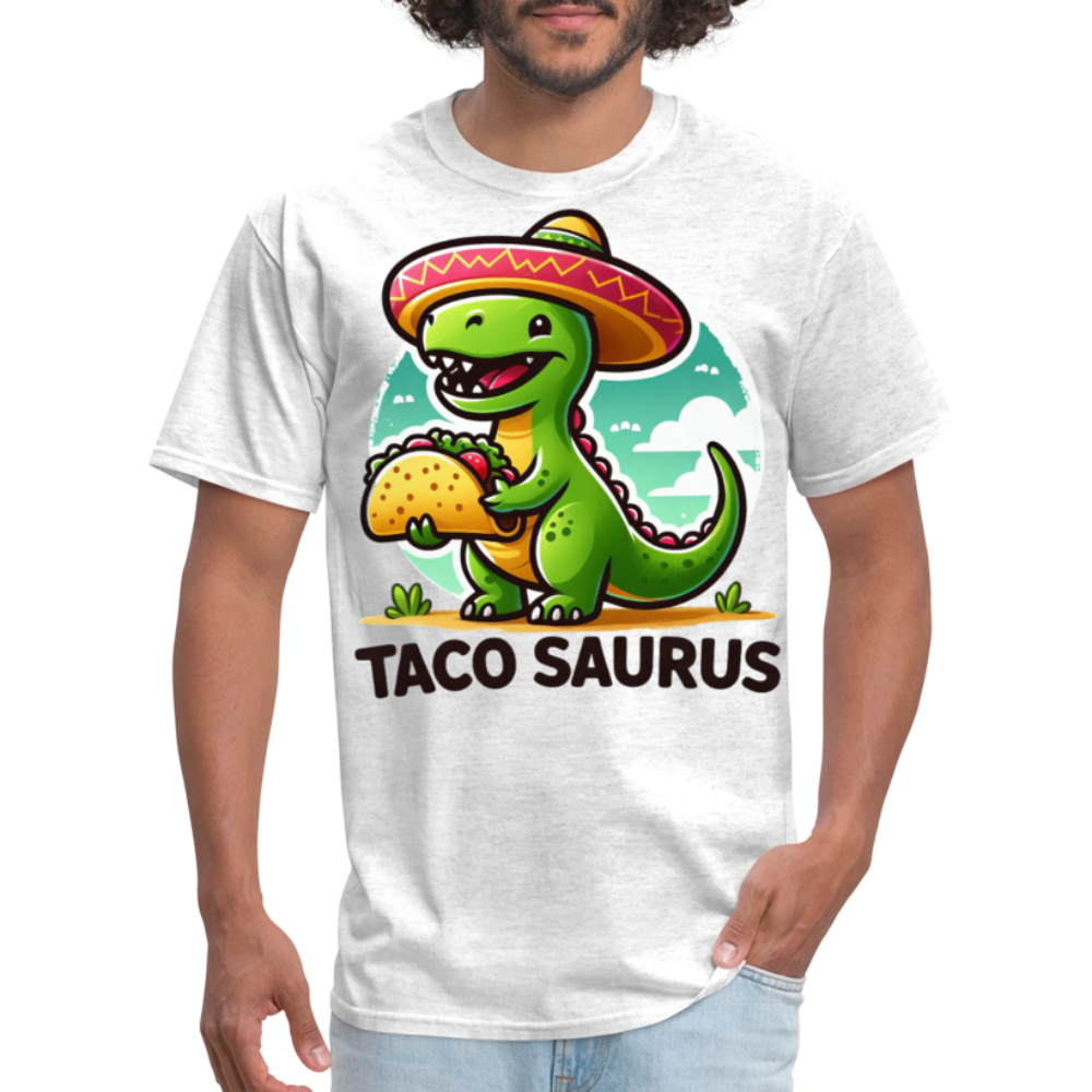 Cute Dino Holding A Taco Graphic Tee Funny Dinosaur Taco T-shirt - light heather gray