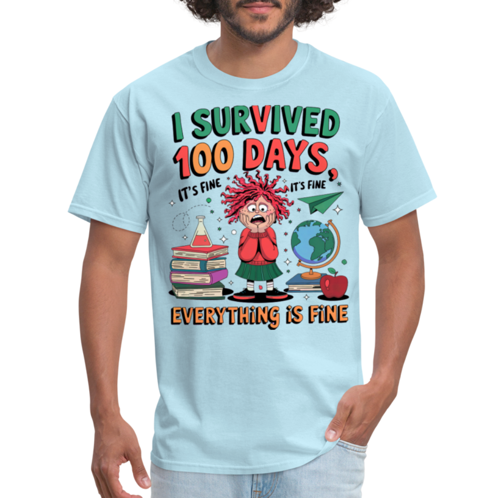 I Survived 100 Days of School Shirt - Funny Teacher and Student Celebration Unisex T-Shirt - powder blue