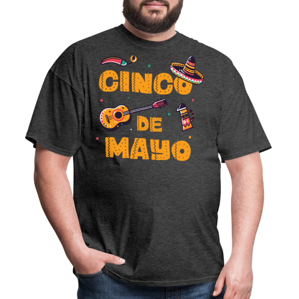 Mexican Fiesta Tee With Guitar And Sombrero Funny Cinco de Mayo T-shirt - heather black