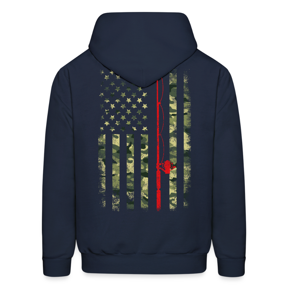 Distressed Camo American Flag Patriotic Fishing Hoodie - navy
