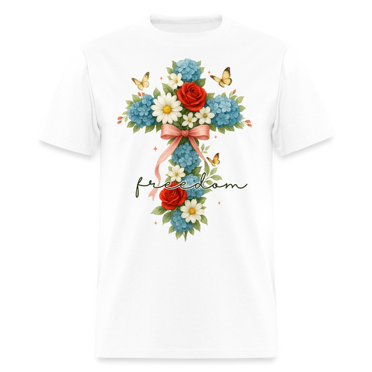 Religious Flower Cross Faith Freedom T-Shirt - white