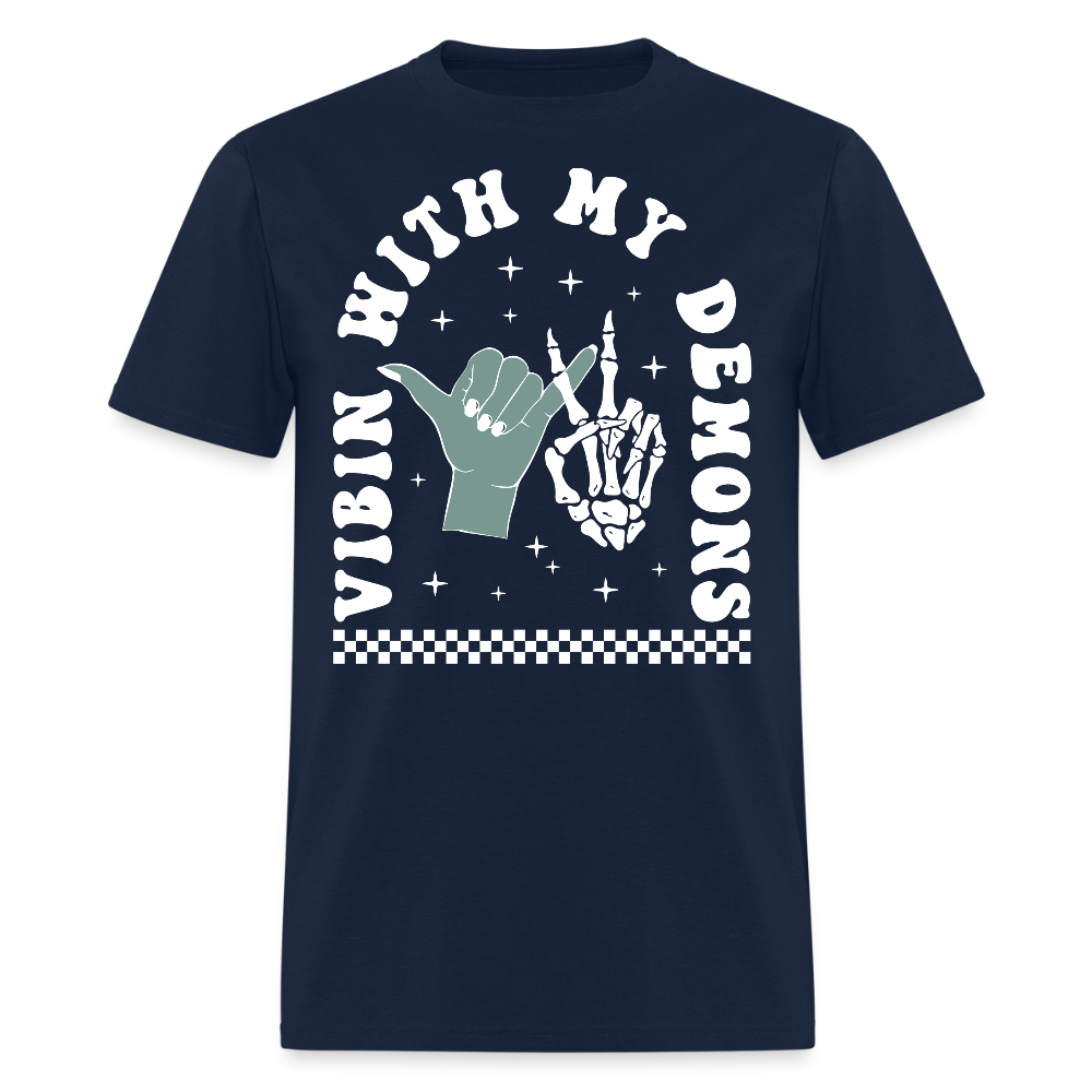 Vibin With My Demons Skeleton And Hand Graphic T-Shirt - navy