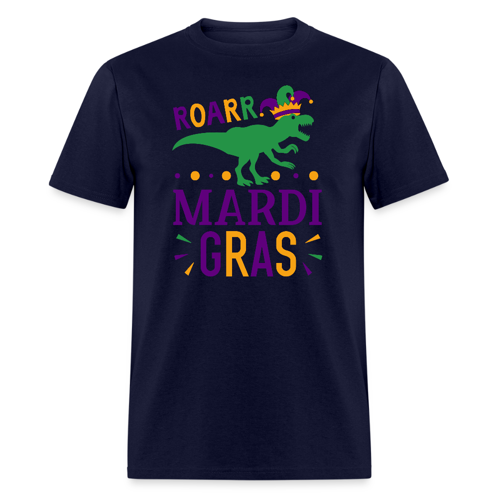 Roar Mardi Gras T-Rex Graphic Tee Funny Mardi Gras T-shirt - navy