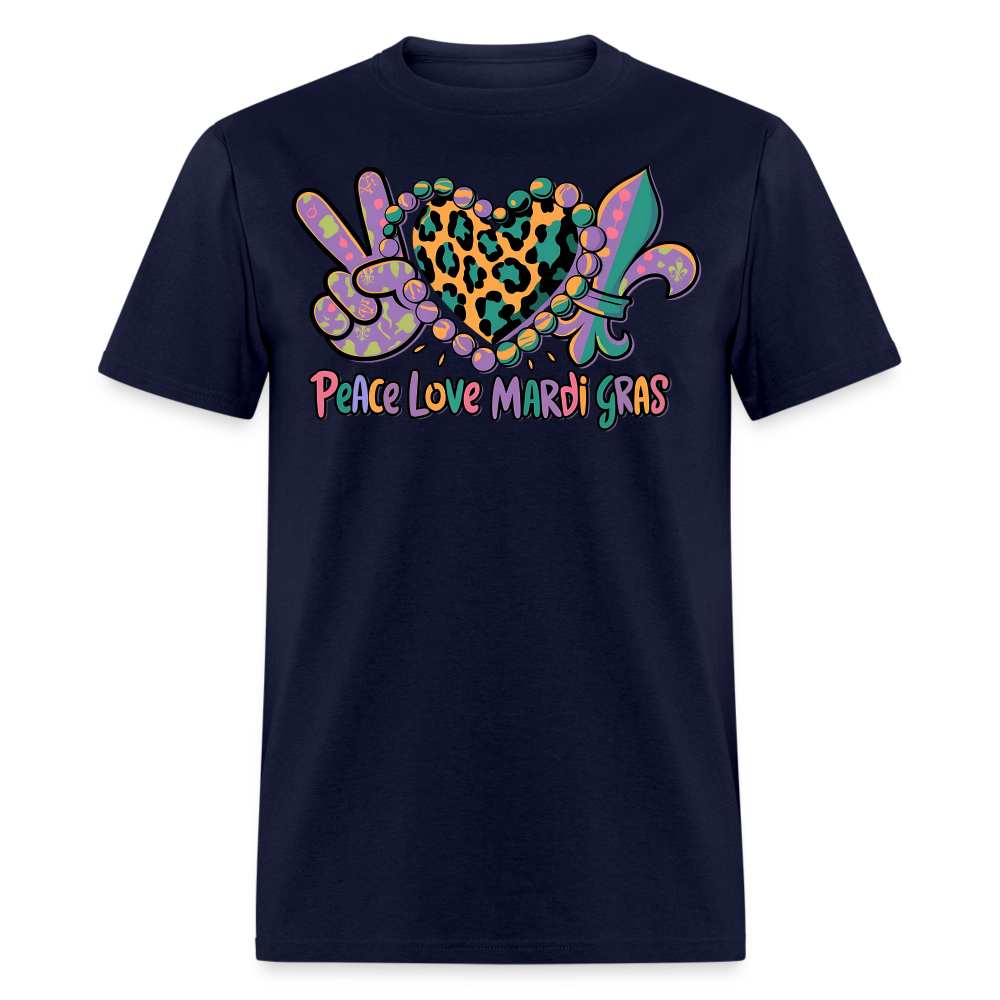 Peace Love Mardi Gras Graphic Tee Colorful Festival T-shirt - navy