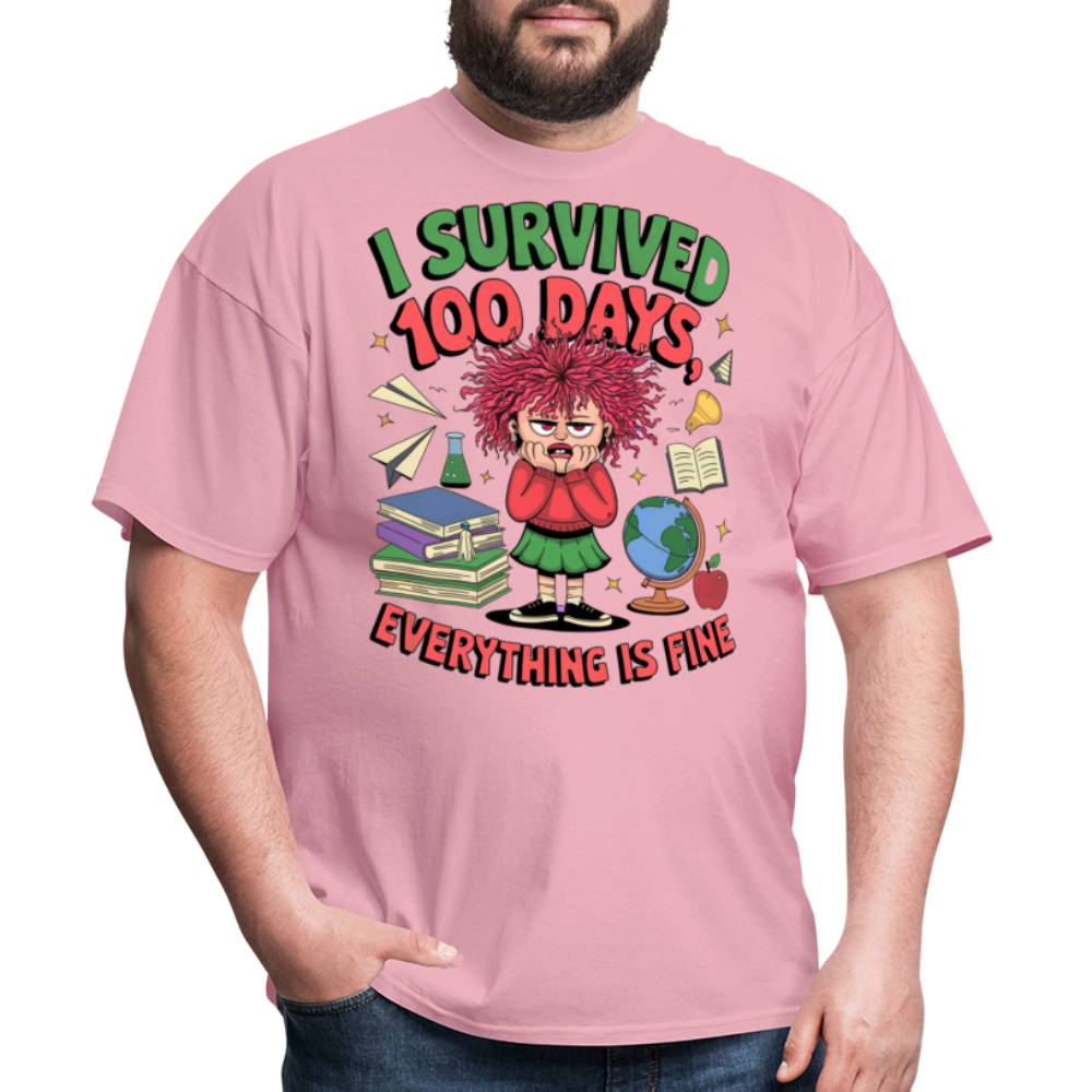 I Survived 100 Days Everything is Fine Tee Funny School Anniversary T-Shirt - pink