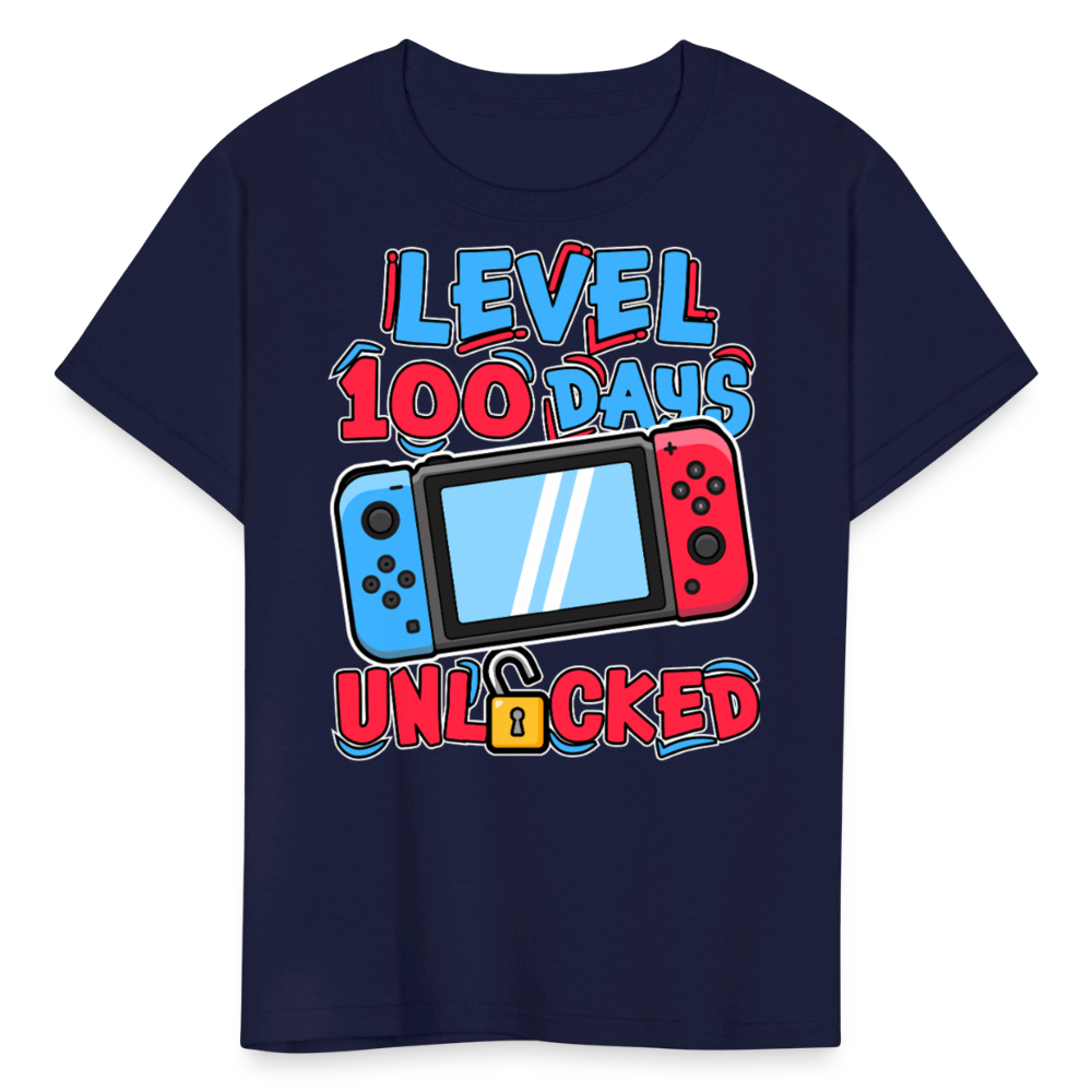 100 Days Unlocked Video Game Tee Gaming Milestone Kids T-shirt - navy