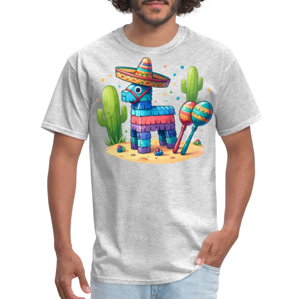 Funny Fiesta-themed Graphic Tee Colorful Piñata with Sombrero T-shirt - heather gray