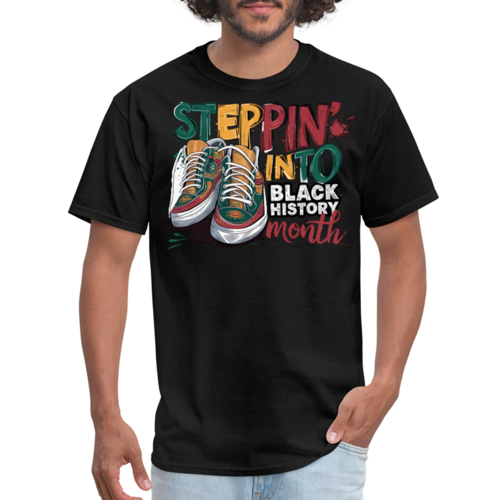 Unique Black Pride Tee Steppin' Into Black History Month T-shirt - black